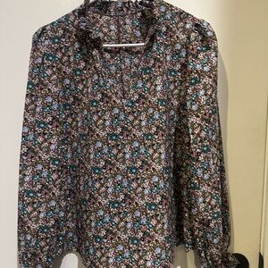 SHEIN Black Ruffled 3/4 Sleeve Blouse with Peter Pan Collar